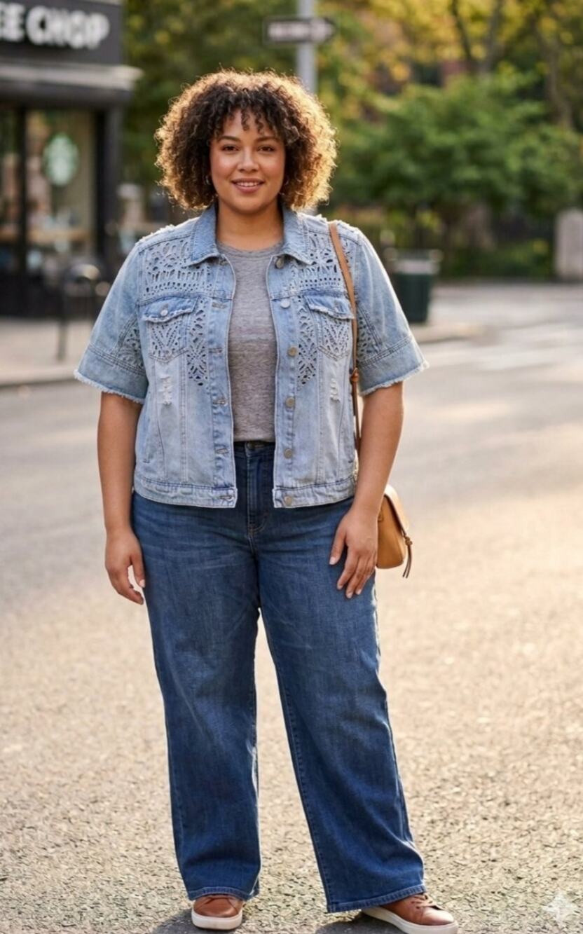 5944)One World Women Plus 2X Light Wash Crop Denim Short Sleeve Jacket